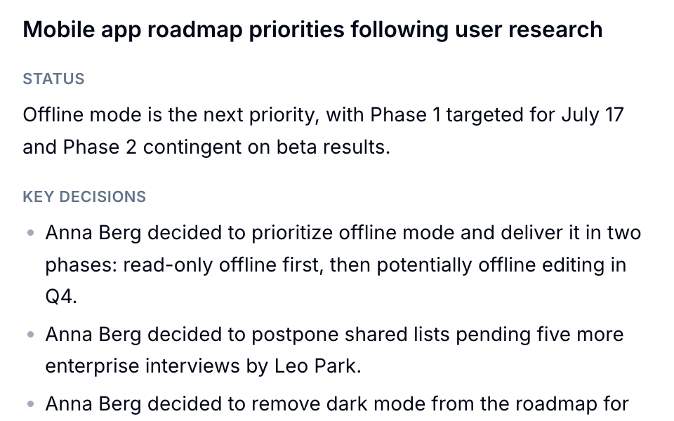 Executive summary: offline mode is the next priority, Phase 1 targeted for July 17, with key decisions listed